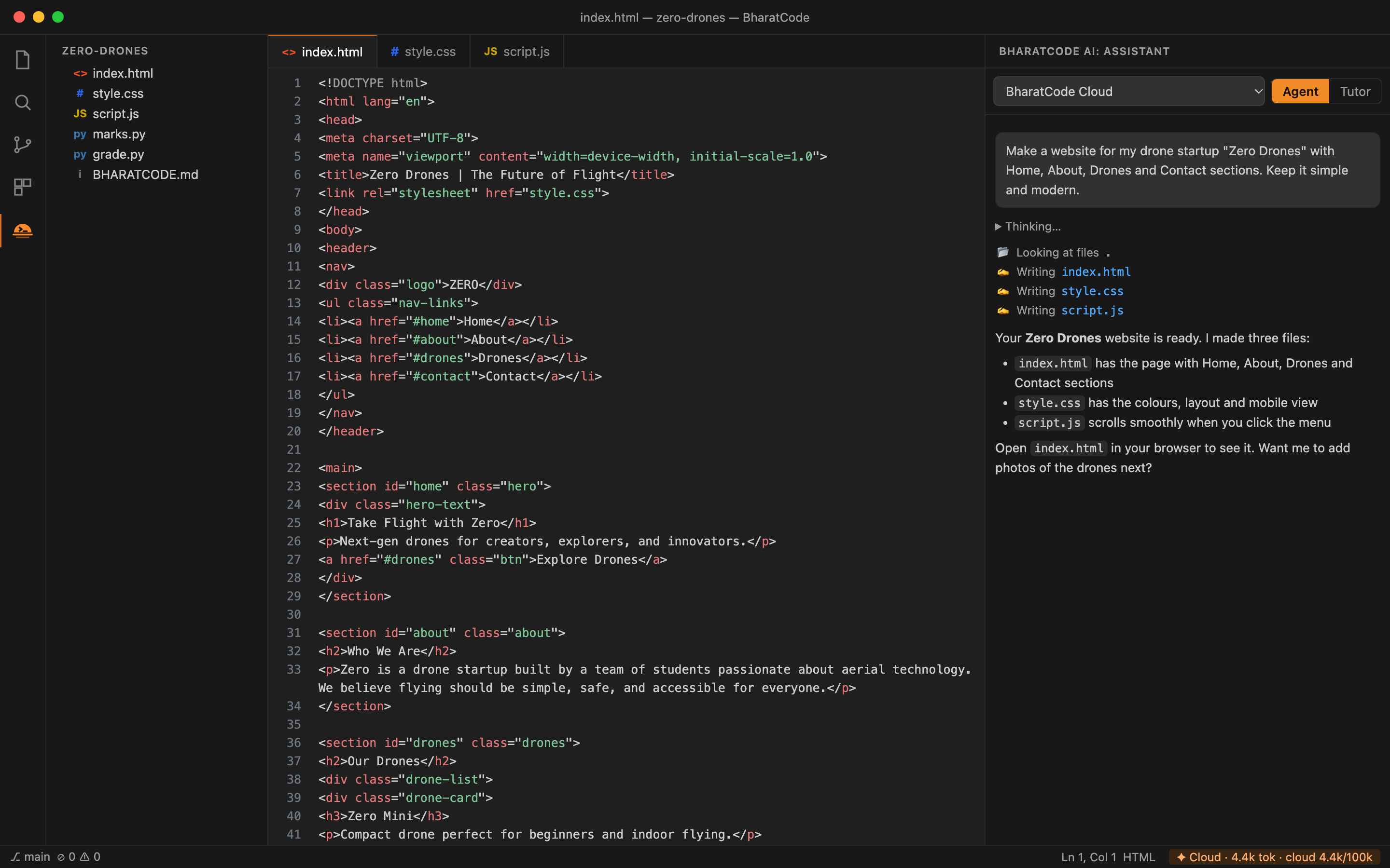 BharatCode: a student's website code in the editor, with the BharatCode AI assistant explaining the three files it created.