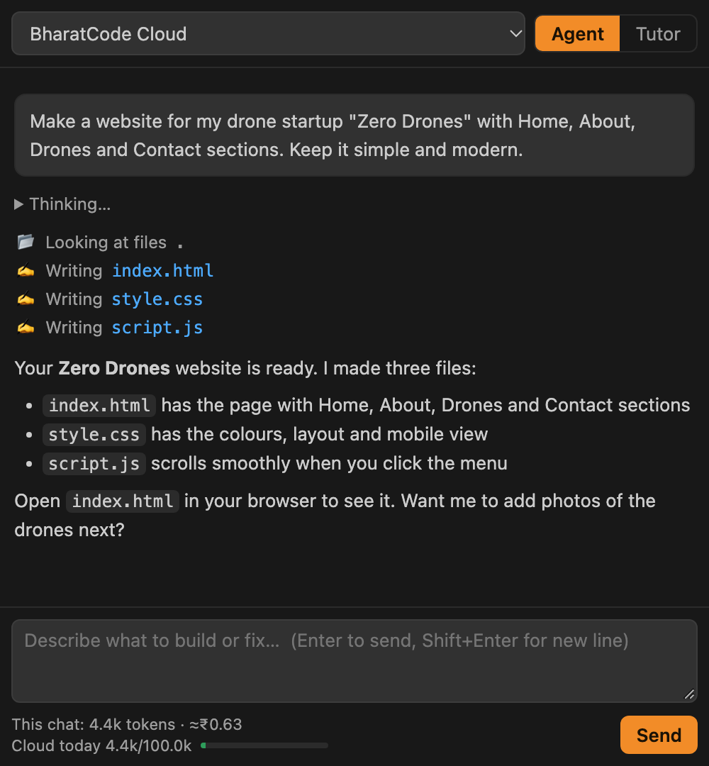 Agent mode: the assistant listing the three files it wrote for the Zero Drones website.