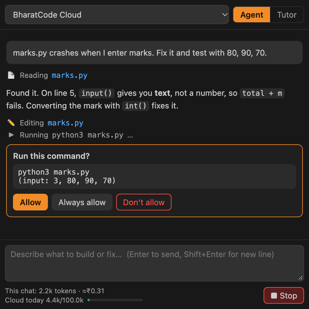 The assistant asking for permission to run python3 marks.py, with Allow, Always allow and Don't allow buttons.