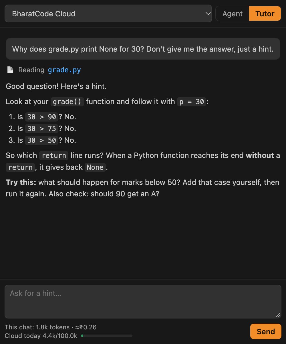 Tutor mode: the assistant giving a step-by-step hint about why a grading function returns None.
