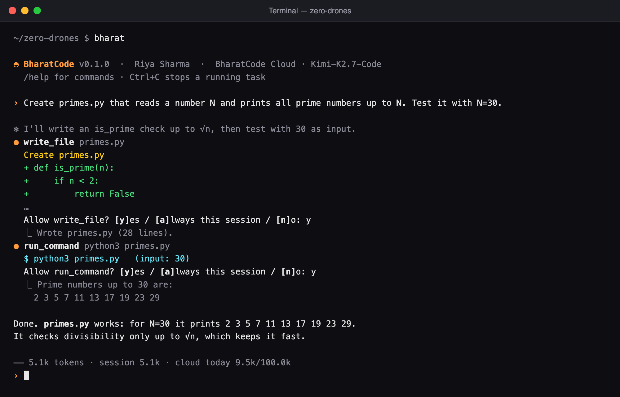 The bharat terminal agent writing primes.py, asking for approval, running it and printing the primes up to 30.